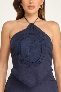 WOMEN'S SLEEVELESS HALTER NECK OPEN BACK CROCHET DETAILED MAXI DRESS