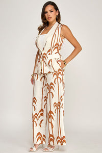 WOMEN'S SLEEVELESS BUTTON CLOSURE BLOUSE & ELASTIC WAIST POCKETS WIDE LEG PANTS PRINT 2PC. SET