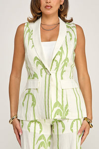 WOMEN'S SLEEVELESS BUTTON CLOSURE BLOUSE & ELASTIC WAIST POCKETS WIDE LEG PANTS PRINT 2PC. SET
