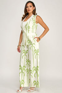 WOMEN'S SLEEVELESS BUTTON CLOSURE BLOUSE & ELASTIC WAIST POCKETS WIDE LEG PANTS PRINT 2PC. SET