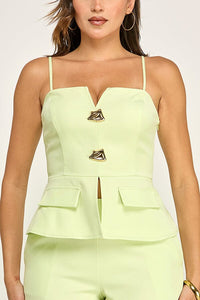 WOMEN'S SLEEVELESS V-NECK PEPLUM TOP & ZIP UP POCKETS WIDE LEG PANTS 2PC. SET