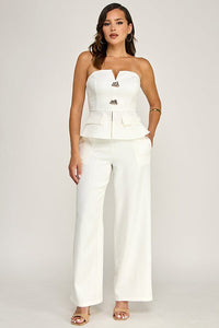 WOMEN'S SLEEVELESS V-NECK PEPLUM TOP & ZIP UP POCKETS WIDE LEG PANTS 2PC. SET