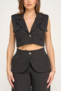 WOMEN'S SLEEVELESS BUTTON CLOSURE BLOUSE & BUTTON CLOSURE POCKETS WIDE LEG PANTS 2PC. SET