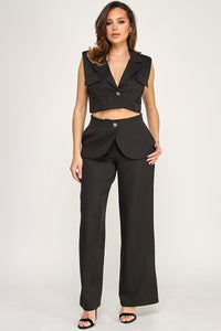 WOMEN'S SLEEVELESS BUTTON CLOSURE BLOUSE & BUTTON CLOSURE POCKETS WIDE LEG PANTS 2PC. SET