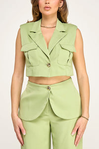 WOMEN'S SLEEVELESS BUTTON CLOSURE BLOUSE & BUTTON CLOSURE POCKETS WIDE LEG PANTS 2PC. SET