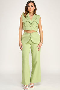 WOMEN'S SLEEVELESS BUTTON CLOSURE BLOUSE & BUTTON CLOSURE POCKETS WIDE LEG PANTS 2PC. SET