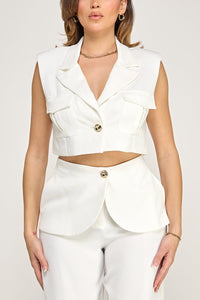 WOMEN'S SLEEVELESS BUTTON CLOSURE BLOUSE & BUTTON CLOSURE POCKETS WIDE LEG PANTS 2PC. SET