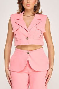 WOMEN'S SLEEVELESS BUTTON CLOSURE BLOUSE & BUTTON CLOSURE POCKETS WIDE LEG PANTS 2PC. SET
