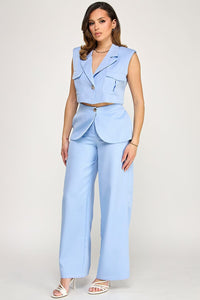 WOMEN'S SLEEVELESS BUTTON CLOSURE BLOUSE & BUTTON CLOSURE POCKETS WIDE LEG PANTS 2PC. SET