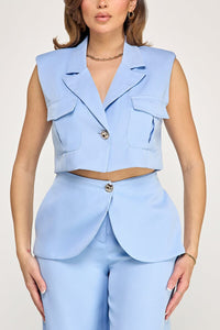 WOMEN'S SLEEVELESS BUTTON CLOSURE BLOUSE & BUTTON CLOSURE POCKETS WIDE LEG PANTS 2PC. SET