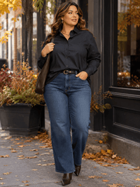 ENTRO PLUS SIZE LONG SLEEVE BUTTON UP HIGH-LOW SOLID SHIRT