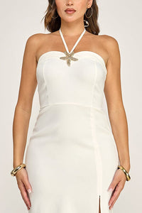 WOMEN'S SLEEVELESS HALTER NECK SIDE SLIT MAXI DRESS