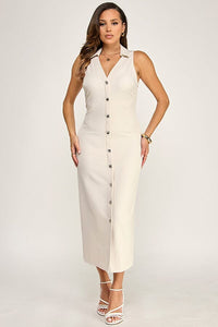 WOMEN'S SLEEVELESS V-NECK BUTTON UP MAXI DRESS