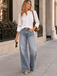 WOMEN'S 3/4 EYELET SLEEVE BUTTON UP BLOUSE