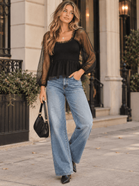 ENTRO WOMEN'S LONG SLEEVE SQUARE NECK SMOCK MESH CONTRAST PEPLUM BLOUSE