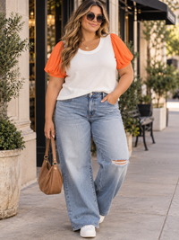 PLUS SIZE SHORT SLEEVE COLORBLOCK CONTRAST BLOUSE