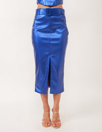 WOMEN'S ZIP UP BELTED METALLIC MIDI SKIRT