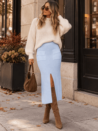WOMEN'S ELASTIC WAIST FRONT SLIT POCKETS KNIT MAXI SKIRT