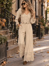 WOMEN'S LONG SLEEVE BUTTON UP BLOUSE & ELASTIC WAIST WIDE LEG PANTS CROCHET DETAILED 2PC. SET