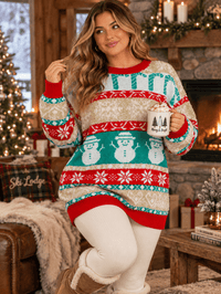 PLUS SIZE LONG SLEEVE HOLIDAY PRINT SHIMMER PULLOVER SWEATER