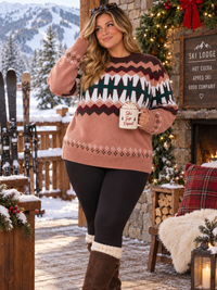 PLUS SIZE LONG SLEEVE MULTI PRINT PULLOVER SWEATER