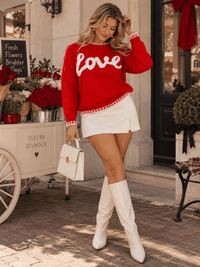 WOMEN'S LONG SLEEVE LOVE PRINT PULLOVER COLORBLOCK SWEATER