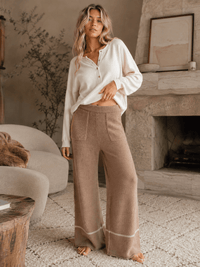 WOMEN'S ELASTIC WAIST FRONT POCKETS WIDE LEG PANTS
