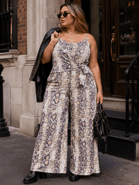 PLUS SIZE SLEEVELESS FRONT TIE ELASTIC WAIST SNAKE PRINT WIDE LEG JUMPSUIT