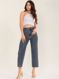 WOMEN'S BUTTON CLOSURE POCKETS STRAIGHT LEG DENIM PANTS