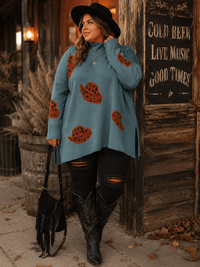 PLUS SIZE LONG SLEEVE MOCK NECK GRAPHIC PULLOVER OVERSIZED SWEATER