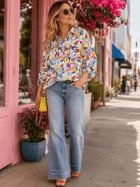 WOMEN'S LONG SLEEVE BUTTON UP FRONT POCKETS MULTI PRINT BLOUSE