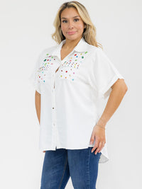 PLUS SIZE SHORT SLEEVE BUTTON UP FRONT POCKETS HIGH-LOW STUDS BLOUSE