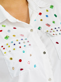 PLUS SIZE SHORT SLEEVE BUTTON UP FRONT POCKETS HIGH-LOW STUDS BLOUSE