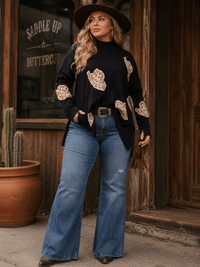 PLUS SIZE LONG SLEEVE MOCK NECK GRAPHIC PULLOVER OVERSIZED SWEATER