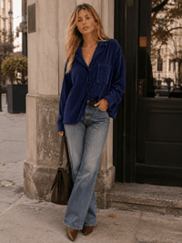 WOMEN'S LONG SLEEVE BUTTON UP FRONT POCKET RIBBED BLOUSE