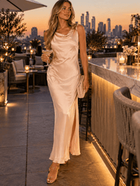 WOMEN'S SLEEVELESS COWL NECK SIDE SLIT BODYCON MAXI DRESS