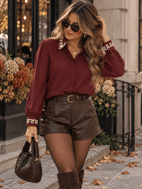 WOMEN'S LONG SLEEVE BUTTON UP EMBROIDERY TRIM DETAILED BLOUSE