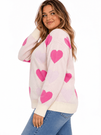 PLUS SIZE LONG SLEEVE HEARTS PRINT PULLOVER COLORBLOCK SWEATER
