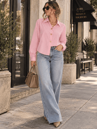 WOMEN'S LONG SLEEVE BUTTON UP STRIPES SHIRT