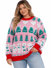 PLUS SIZE LONG SLEEVE HOLIDAY PRINT PULLOVER SWEATER