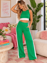 WOMEN'S SLEEVELESS CROP TOP & ELASTIC WAIST WIDE LEG PANTS COLORBLOCK 2PC. SET