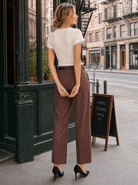 WOMEN'S BUTTON CLOSURE FRONT POCKETS STRAIGHT LEG BELTED PANTS