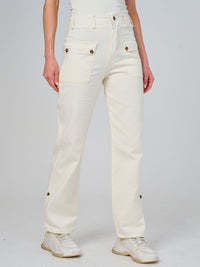 WOMEN'S BUTTON CLOSURE POCKETS WIDE LEG DENIM PANTS