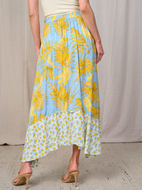 WOMEN'S ELASTIC WAIST HIGH-LOW PRINT SELF TIE SURPLICE MAXI SKIRT