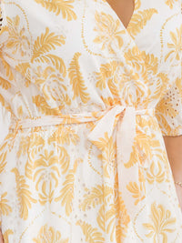 PLUS SIZE 3/4 SLEEVE SURPLICE SELF TIE EYELET LEAF PRINT MAXI DRESS