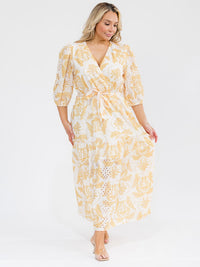PLUS SIZE 3/4 SLEEVE SURPLICE SELF TIE EYELET LEAF PRINT MAXI DRESS