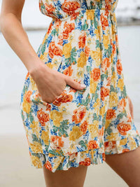 WOMEN'S SLEEVELESS V-NECK CUT OUT POCKETS FLORAL ROMPER