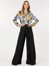 WOMEN'S ZIP UP PLEATED FRONT WIDE LEG PANTS