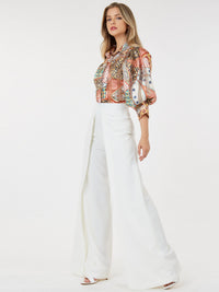 WOMEN'S ZIP UP PLEATED FRONT WIDE LEG PANTS