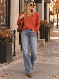WOMEN'S LONG SLEEVE FRONT CUT OUT SOLID TOP